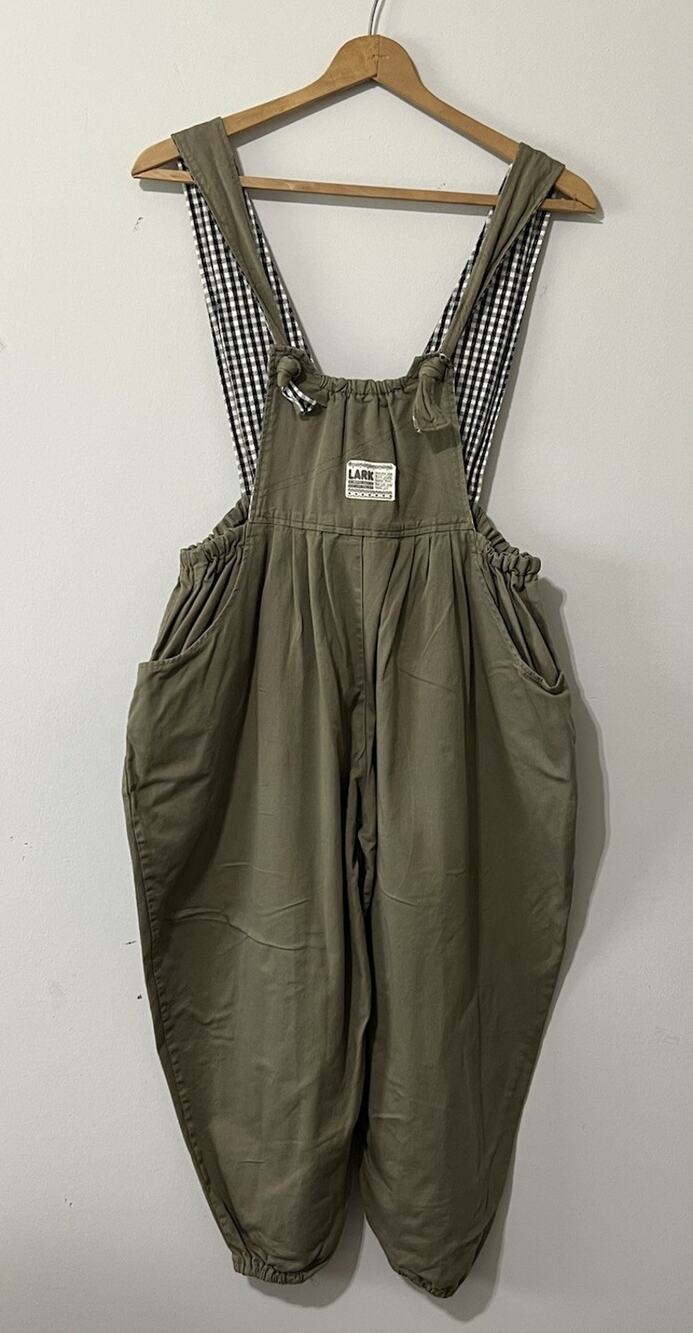 Vtg Lark Green Balloon Utility Bib Overalls Quirky Graphic Quote OOAK Women L/XL